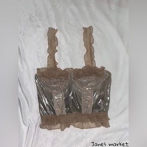 SHEIN x ROMWE Goth Metallic Contrast Lace Ruffle Hem Bralette Crop Top/US L